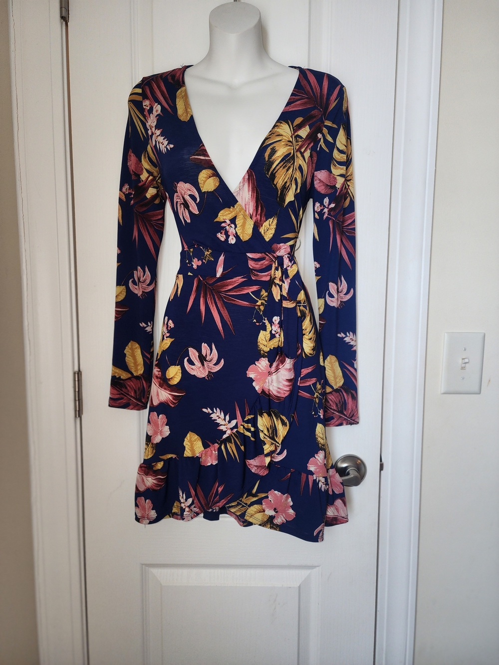 Navy Floral Wrap Dress with Pink & Gold Leaves